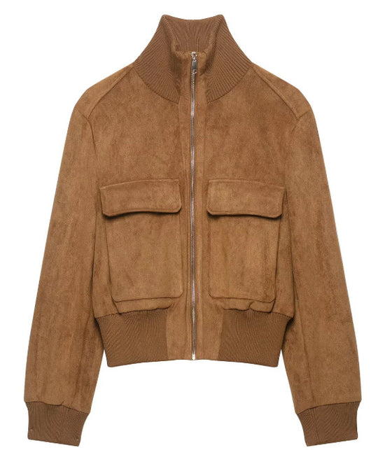 Damen Kurzer Veloursleder‑Bomber mit Stehkragen, aufgesetzten Klappentaschen und Rippenbündchen Nord Taschen