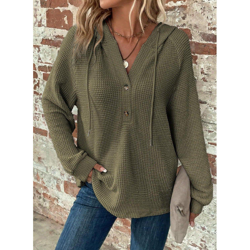 Damen Waffelstrick-Hoodie mit Henley-Knopfleiste und Oversize-Schnitt Nord Taschen