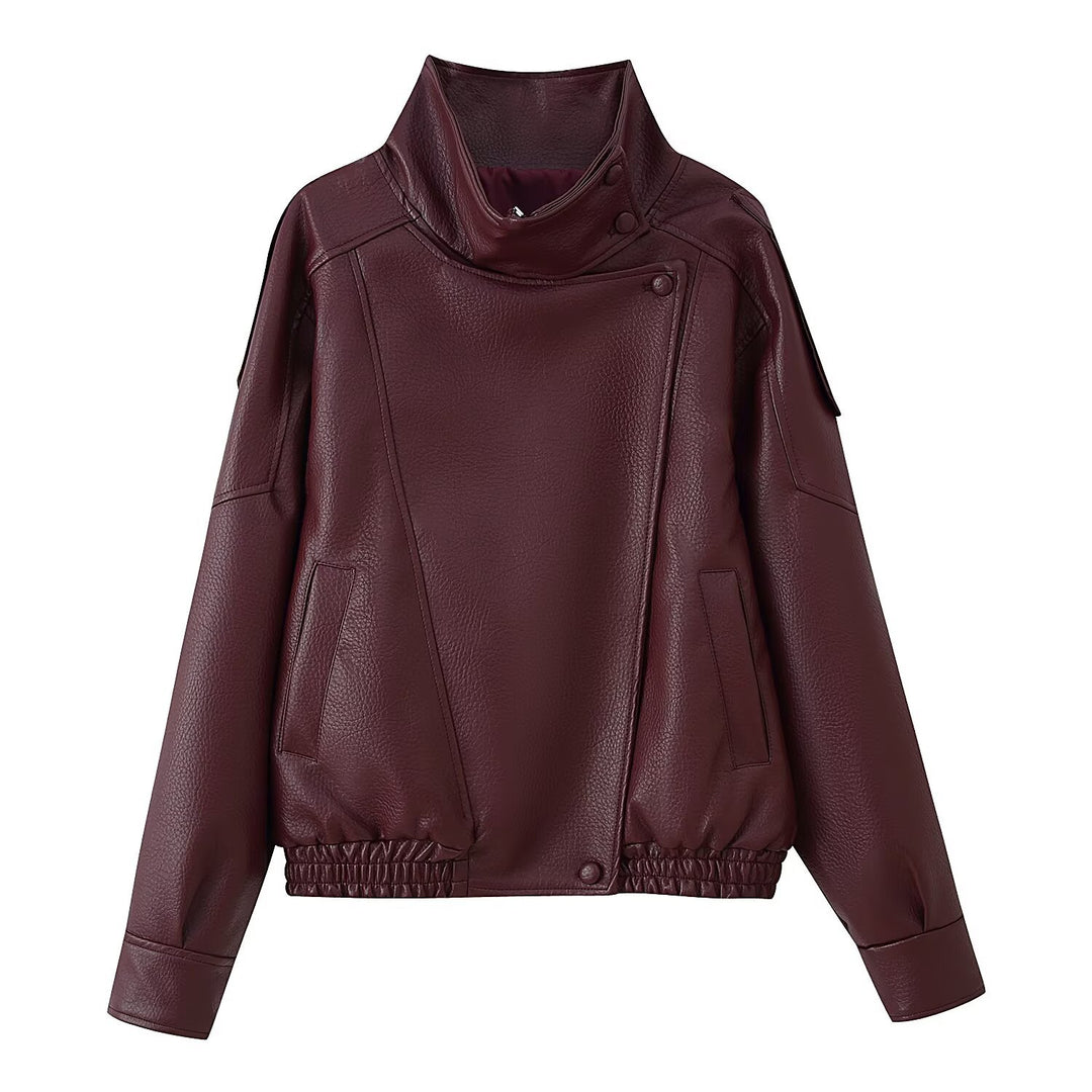 Damen Oversize Kunstlederjacke mit Hemdkragen und elastischem Saum Nord Taschen