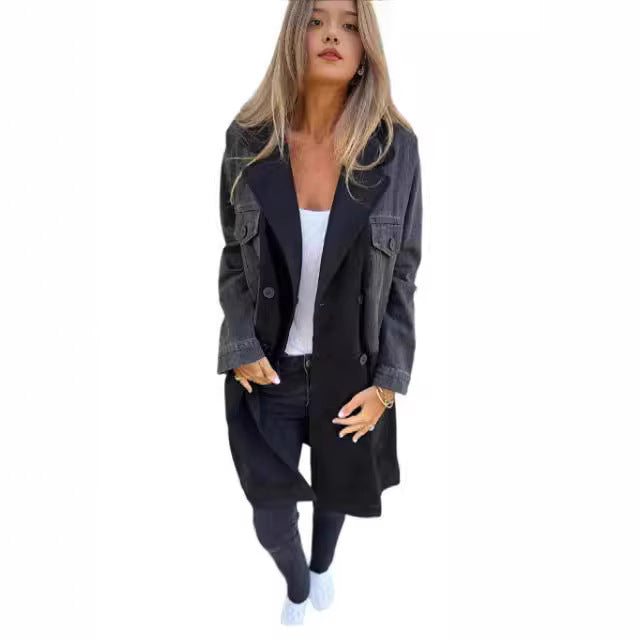 Damen Oversize Jeans-Blazer mit kontrastierendem Wildleder-Einsatz und doppelter Knopfreihe Nord Taschen