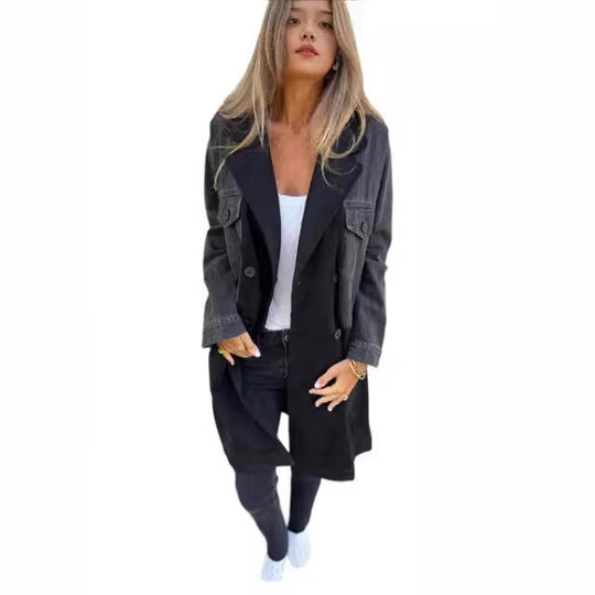 Damen Oversize Jeans-Blazer mit kontrastierendem Wildleder-Einsatz und doppelter Knopfreihe Nord Taschen