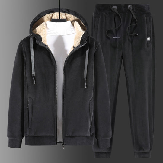 Herren Zweiteiliger Fleece-Trainingsanzug mit Kapuzenjacke, Teddyfutter und Jogginghose Nord Taschen