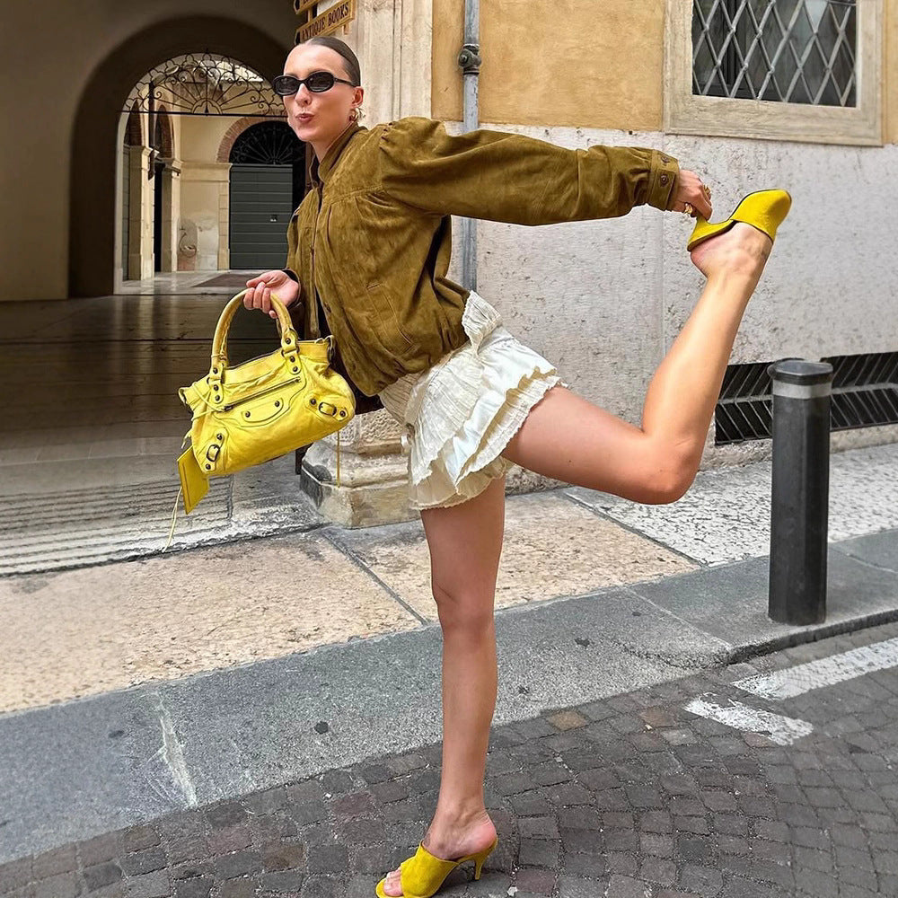 Damen Kurze Velourslederjacke mit Faltenlegung, Puffärmeln & Knopfleiste Nord Taschen