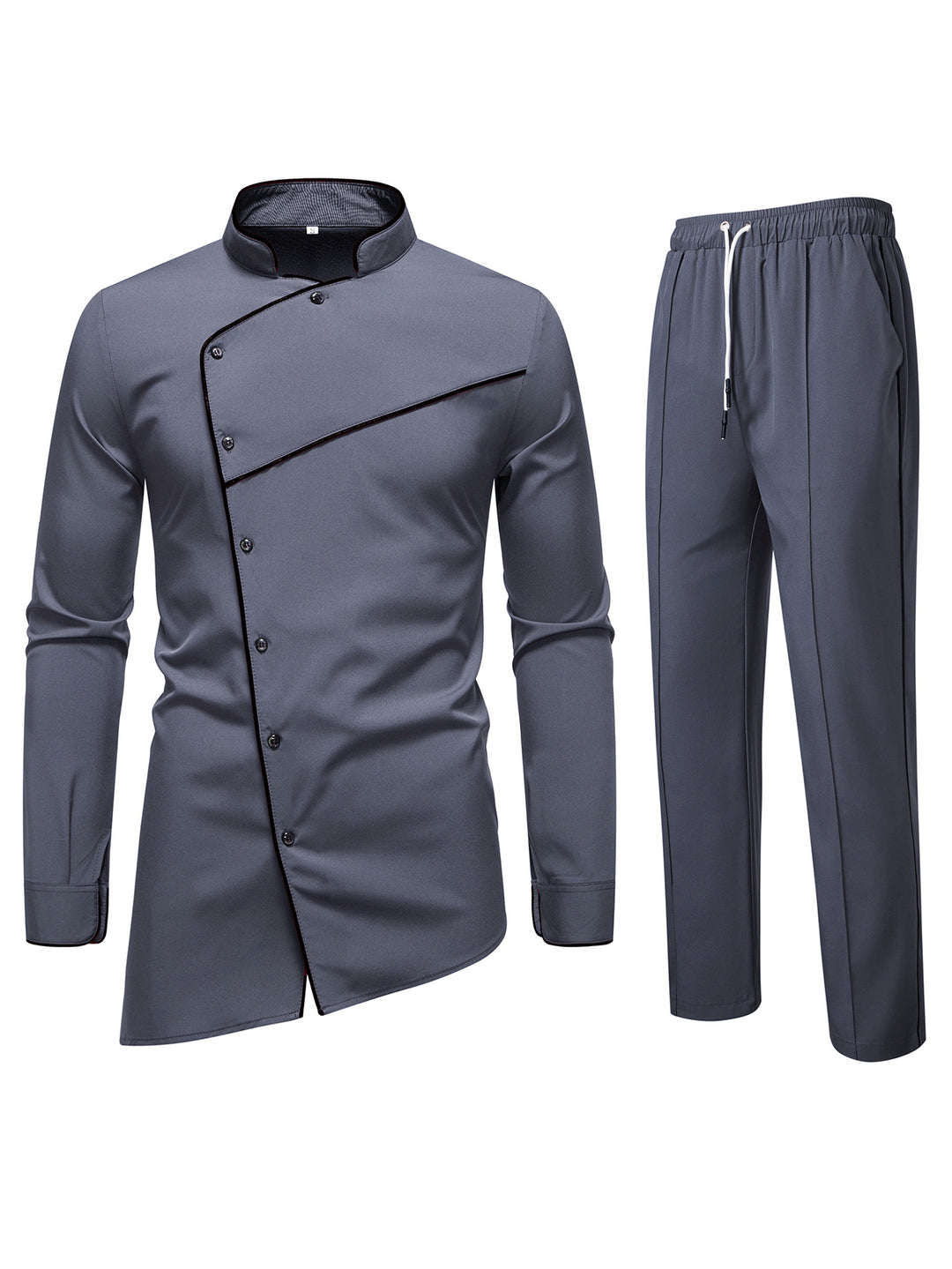 Herren Kochjacke- und Hose-Set aus pflegeleichtem Mikrofaser mit asymmetrischer Knopfleiste und schwarzer Paspelierung Nord Taschen