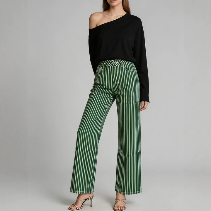 Damen weite High-Waist Palazzohose mit vertikalen Streifenoptik und abgesteppten Kniepartien Nord Taschen