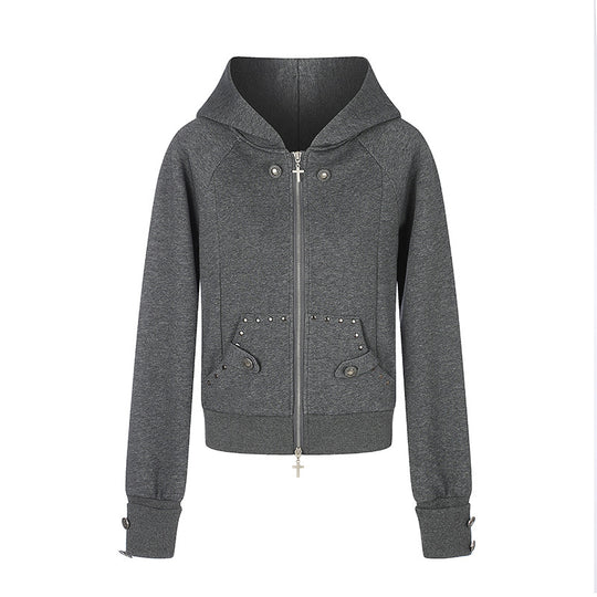 Damen taillierte Kapuzen‑Sweatjacke mit Frontreißverschluss, Nietenbesatz und Taschenapplikation Nord Taschen