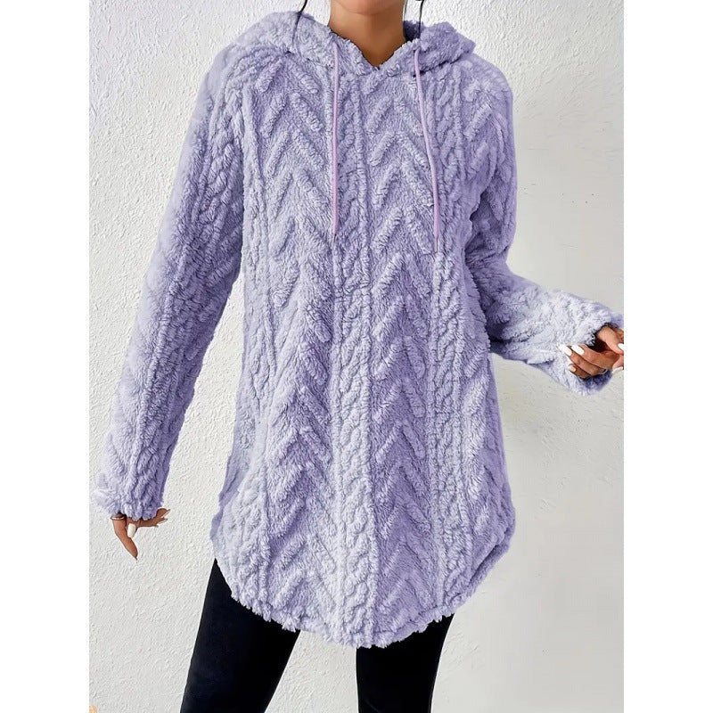 Damen Kuscheliger Teddy-Hoodie mit Zopfmuster Tunnelzug und gerundetem Saum Nord Taschen
