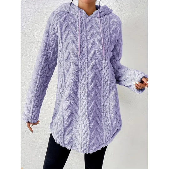 Damen Kuscheliger Teddy-Hoodie mit Zopfmuster Tunnelzug und gerundetem Saum Nord Taschen