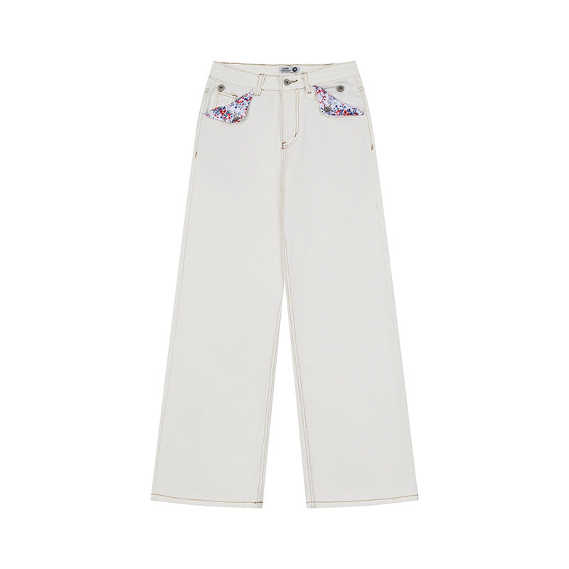 Damen Weite High‑Waist-Jeans im Palazzo-Schnitt mit Ziernaht und Blumen-Taschenfutter Nord Taschen