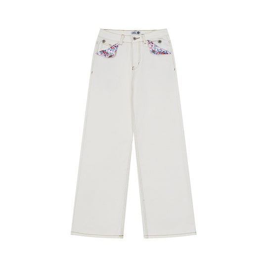 Damen Weite High‑Waist-Jeans im Palazzo-Schnitt mit Ziernaht und Blumen-Taschenfutter Nord Taschen