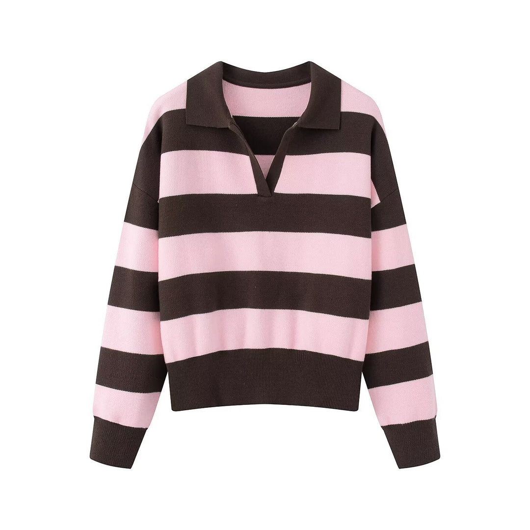 Damen Gestreifter Rugby-Polo-Pullover mit V-Notch und Cropped-Saum Nord Taschen