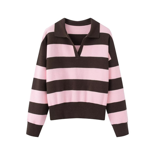 Damen Gestreifter Rugby-Polo-Pullover mit V-Notch und Cropped-Saum Nord Taschen