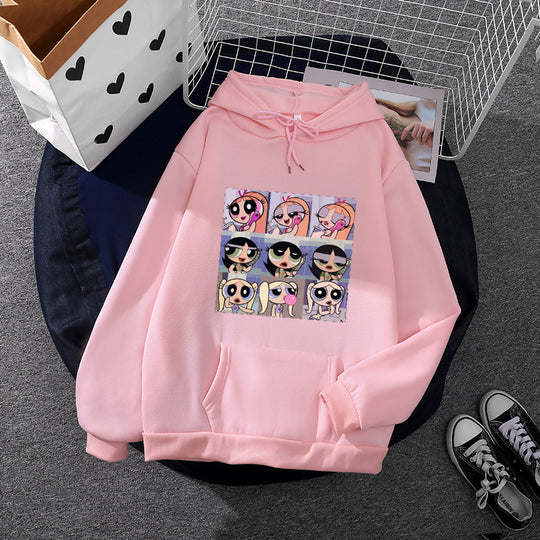 Damen nan lässiger Kapuzenpullover mit quadratischem Cartoon-Collageprint weiches Fleece Innenfutter und aufgesetzter Kängurutasche Nord Taschen