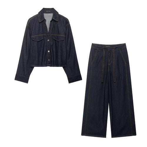 Damen Denim-Zweiteiler mit Cropped-Workerjacke und weiter High‑Waist-Hose Nord Taschen