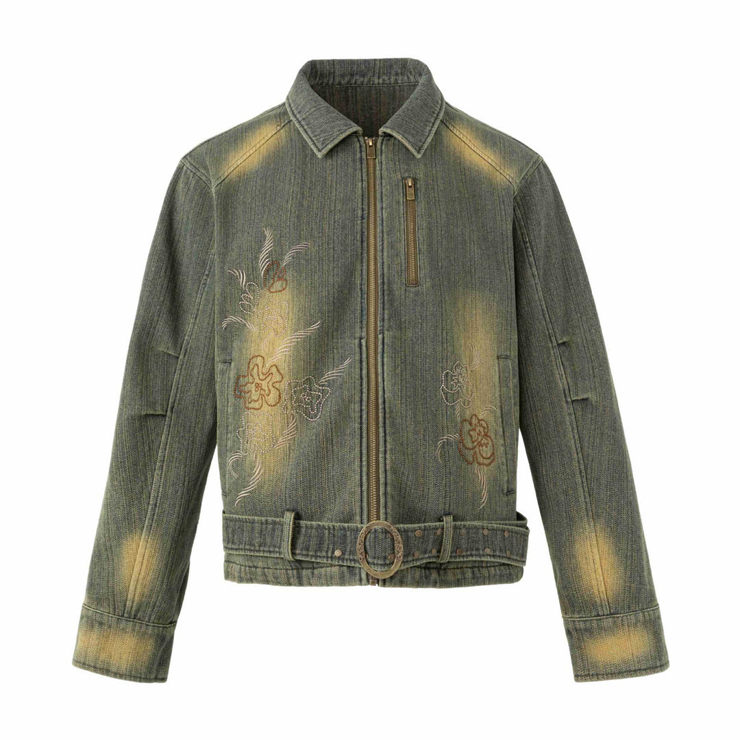 Damen Bestickte kurze Denim-Blousonjacke mit Taillengürtel und Reißverschluss Nord Taschen