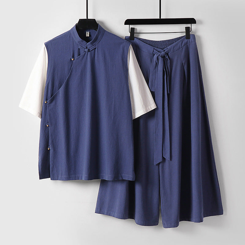 Damen Zweiteiliges Kimono-Loungewear-Set aus Leinenmischung mit Stehkragen asymmetrischer Knopfleiste und weitem Palazzo-Hosenrock Nord Taschen