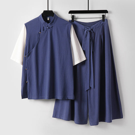 Damen Zweiteiliges Kimono-Loungewear-Set aus Leinenmischung mit Stehkragen asymmetrischer Knopfleiste und weitem Palazzo-Hosenrock Nord Taschen
