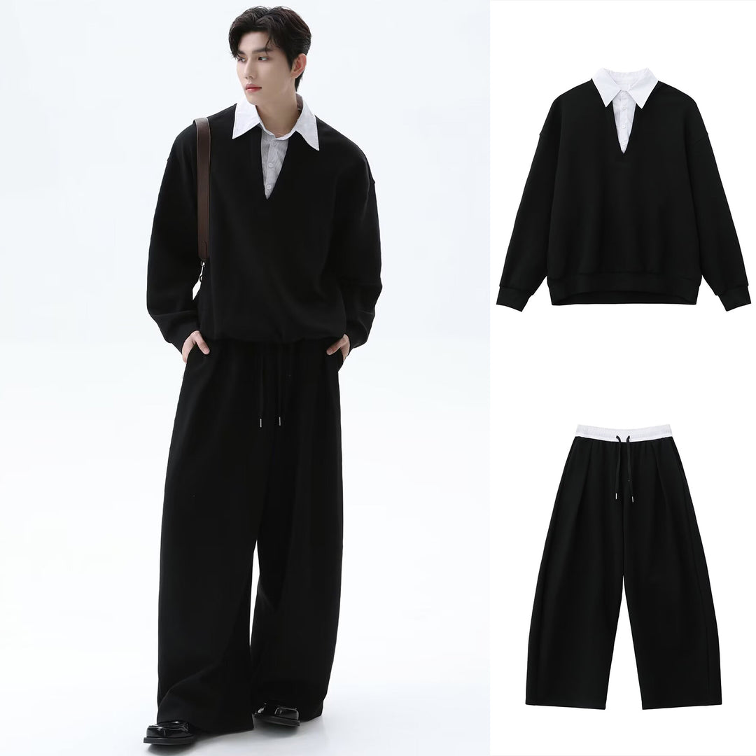 Herren Lässiger Oversized Pullover mit V-Ausschnitt und weiten Hosen Nord Taschen