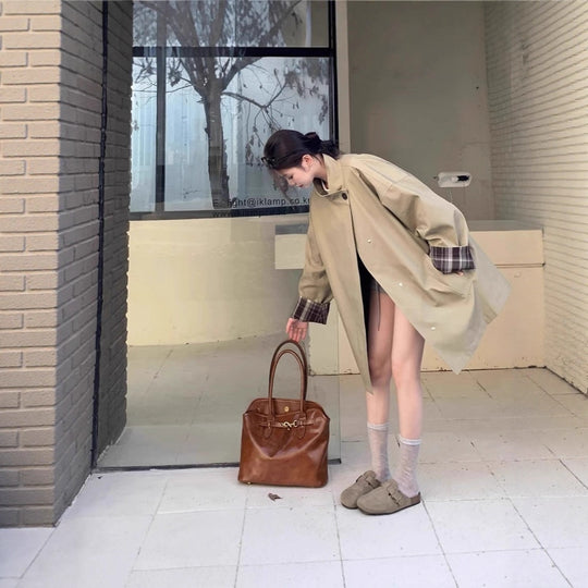 Damen Oversized Kurzmantel mit Stehkragen und kariertem Ärmelfutter Nord Taschen