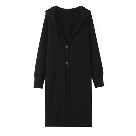 Damen Longline Strickcardigan mit Kapuze, Feinstrick und Knopfverschluss Nord Taschen