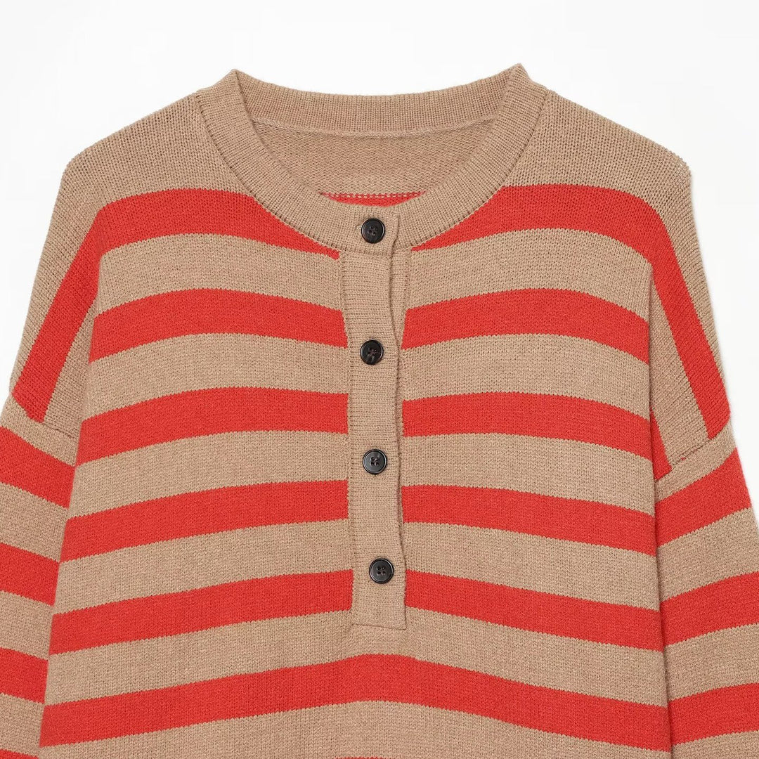 Damen Gestreifter Oversize-Strickpullover mit Henley-Knopfleiste Nord Taschen