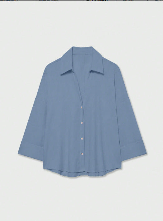 Damen Leichte Oversize Leinenoptik Bluse mit Dreiviertelärmeln und durchgehender Knopfleiste Nord Taschen