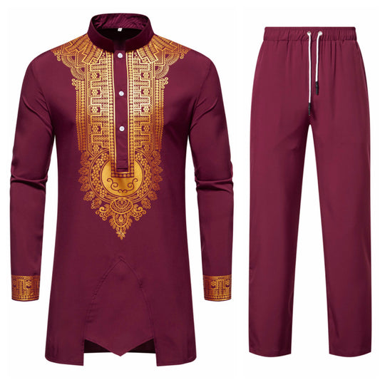 Herren Traditionelles Tunika-Set mit Stehkragen und goldfarbenem Ornamentdruck, Longshirt & Tunnelzughose Nord Taschen