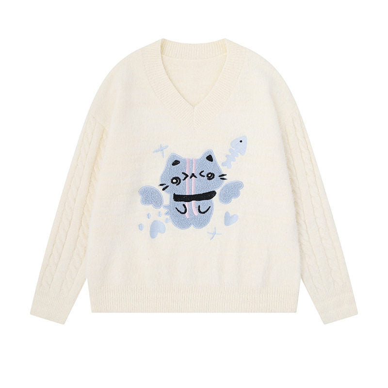 Damen V-Ausschnitt Strickpullover mit Zopfärmeln und Chenille-Katzenmotiv Nord Taschen