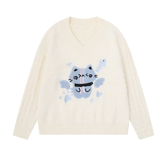 Damen V-Ausschnitt Strickpullover mit Zopfärmeln und Chenille-Katzenmotiv Nord Taschen