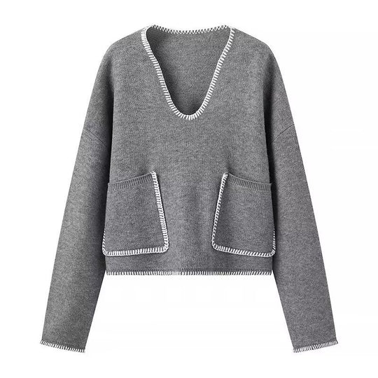 Damen Kurzer V-Ausschnitt Pullover mit Ziernähten und aufgesetzten Taschen Nord Taschen