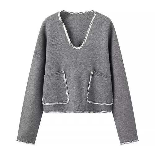 Damen Kurzer V-Ausschnitt Pullover mit Ziernähten und aufgesetzten Taschen Nord Taschen