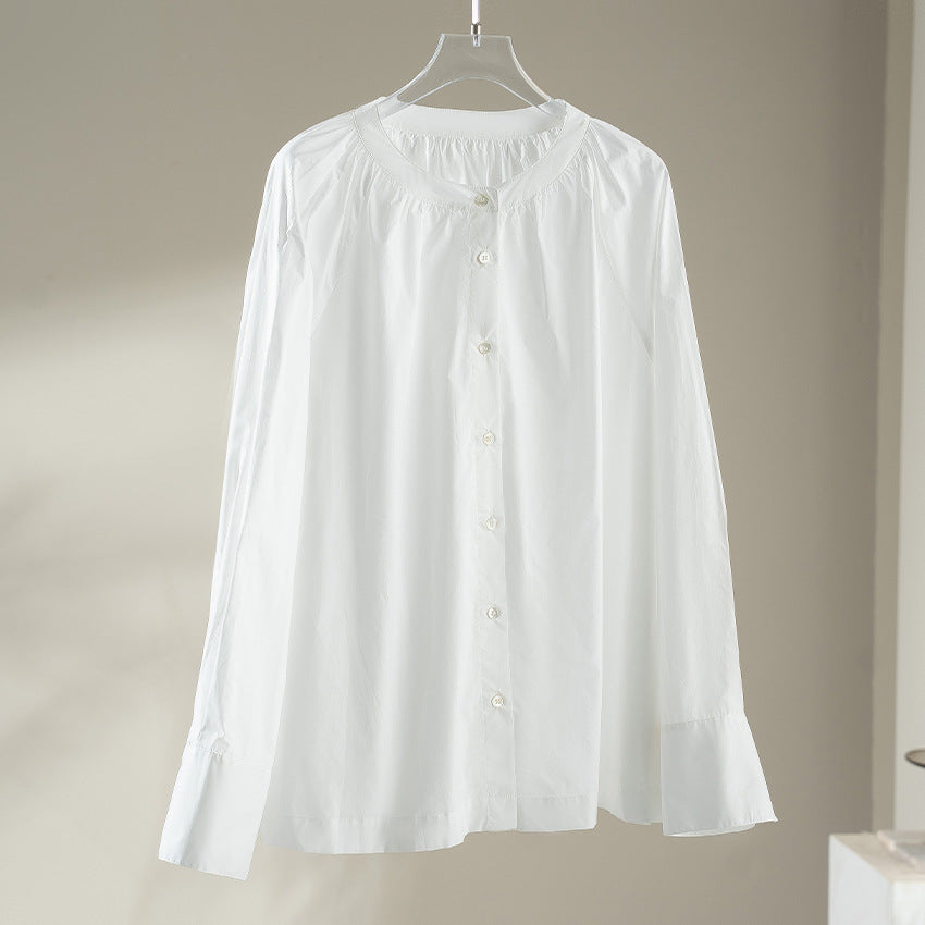 Damen Bluse mit Rundhalsausschnitt, durchgehender Knopfleiste und geraffter Passe Nord Taschen