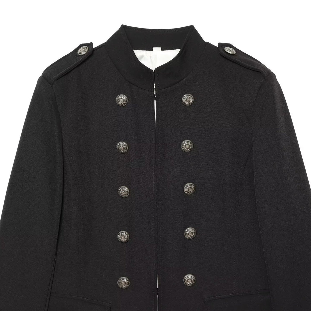 Damen Militärisch inspirierte Doppelreihige Kurzjacke mit Stehkragen und Epauletten Nord Taschen