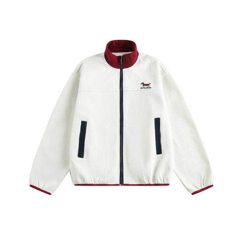 Damen Waffelstruktur Zipjacke im Boxy‑Cut mit Stehkragen und Hundestickerei Nord Taschen