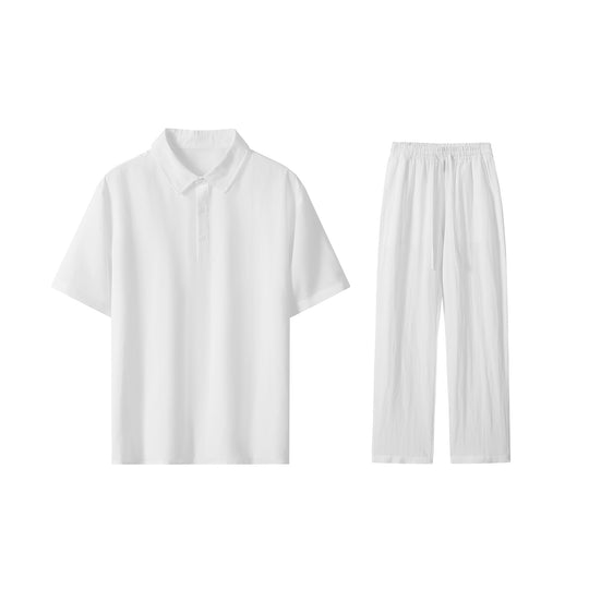 Herren Zweiteiliges Lounge-Set aus leichtem Baumwollmix mit Polokragen und Gummizughose Nord Taschen