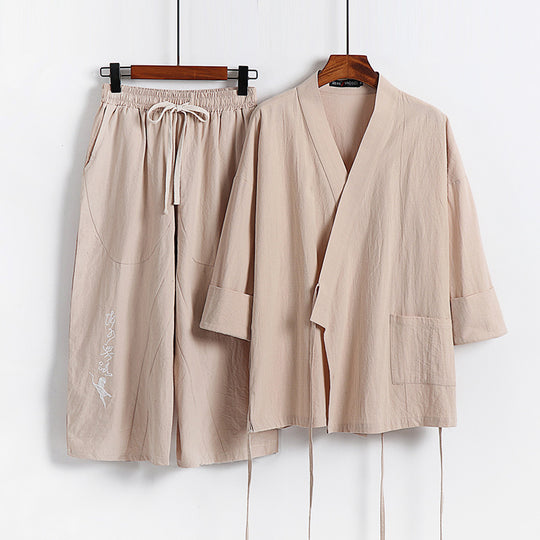 Unisex Leichtes Kimono-Loungewear-Set aus Baumwoll-Leinen mit bestickter Haremshose und Bindegürtel Nord Taschen