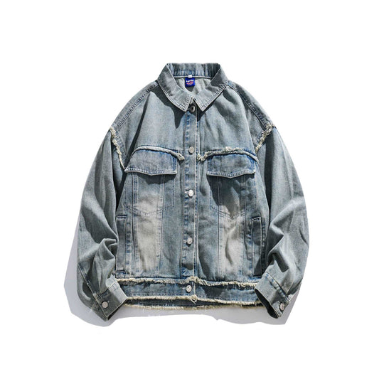 Unisex Oversize Denim-Blousonjacke mit Fransenabschlüssen und Utility-Taschen Nord Taschen