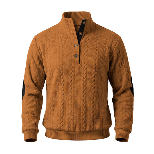 Herren Edler Zopfmuster-Strickpullover mit Kurzknopfleiste und Ellenbogenpatches Nord Taschen