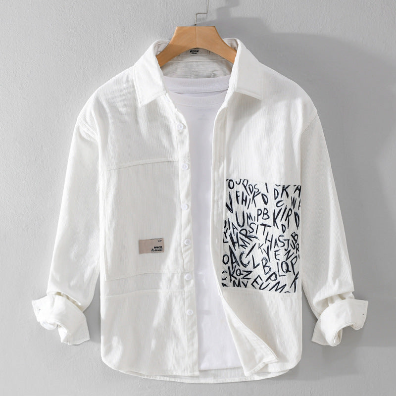Herren Leichtes Cord-Hemdjacken-Overshirt mit Letterprint-Brusttasche und Relaxed Fit Nord Taschen