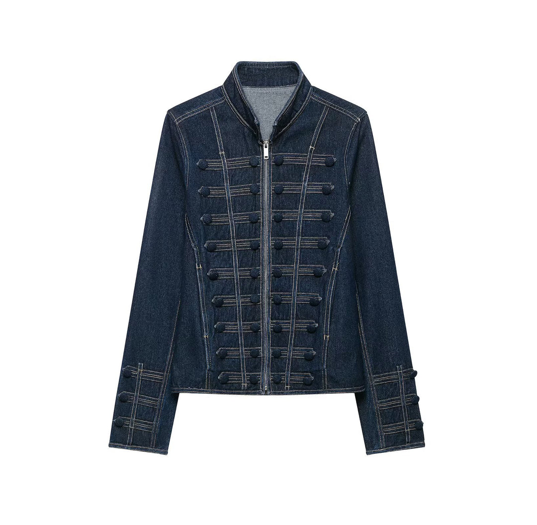 Damen Taillierte Denimjacke mit militärischen Galon‑Details und Stehkragen Nord Taschen