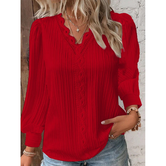 Damen Plissierte V‑Ausschnitt Bluse mit Spitzenbesatz und Ballonärmeln Nord Taschen