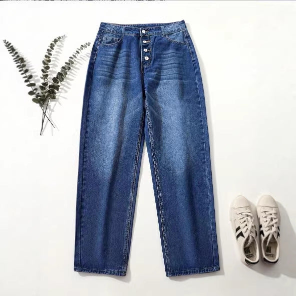 Damen High‑Waist Relaxed-Fit Jeans im Boyfriend-Stil mit Sichtbarer Knopfleiste und Aufgekrempeltem Saum Nord Taschen