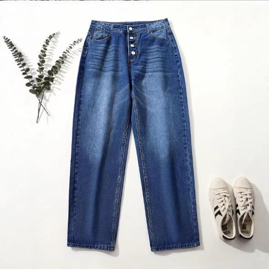 Damen High‑Waist Relaxed-Fit Jeans im Boyfriend-Stil mit Sichtbarer Knopfleiste und Aufgekrempeltem Saum Nord Taschen