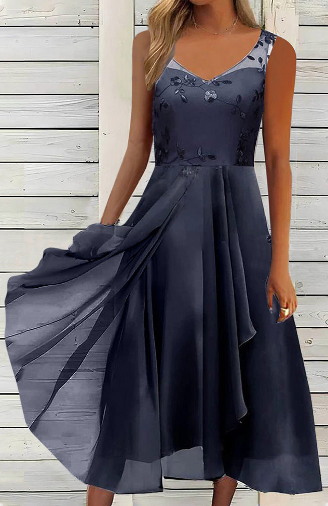 Damen nan A-Linien-Chiffonkleid mit floralem Stickoberteil, V-Ausschnitt, drapiertem Godet-Schwung und verdeckten Seitentaschen