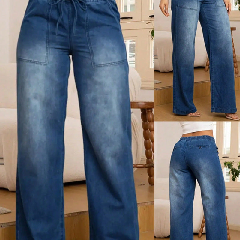 Damen Weite High-Waist-Jeans mit elastischem Bund und Kordelzug Nord Taschen