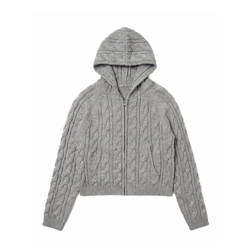 Damen Kapuzen-Zopfstrick-Cardigan mit Reißverschluss und Raglanärmeln Nord Taschen