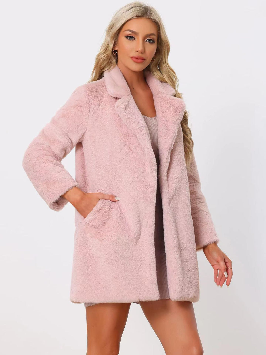Damen Midilanger Kunstpelz‑Mantel mit softem Schalkragen und Eingrifftaschen Nord Taschen