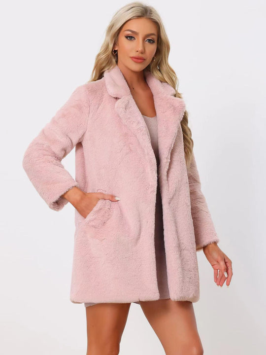 Damen Midilanger Kunstpelz‑Mantel mit softem Schalkragen und Eingrifftaschen Nord Taschen