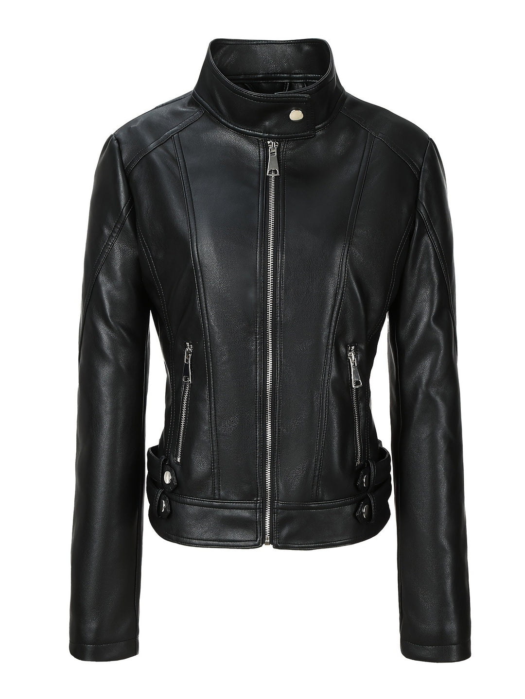 Damen Kurze taillierte Motorjacke aus Kunstleder mit Stehkragen und Schnallgurten Nord Taschen
