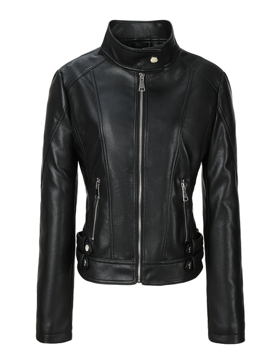 Damen Kurze taillierte Motorjacke aus Kunstleder mit Stehkragen und Schnallgurten Nord Taschen